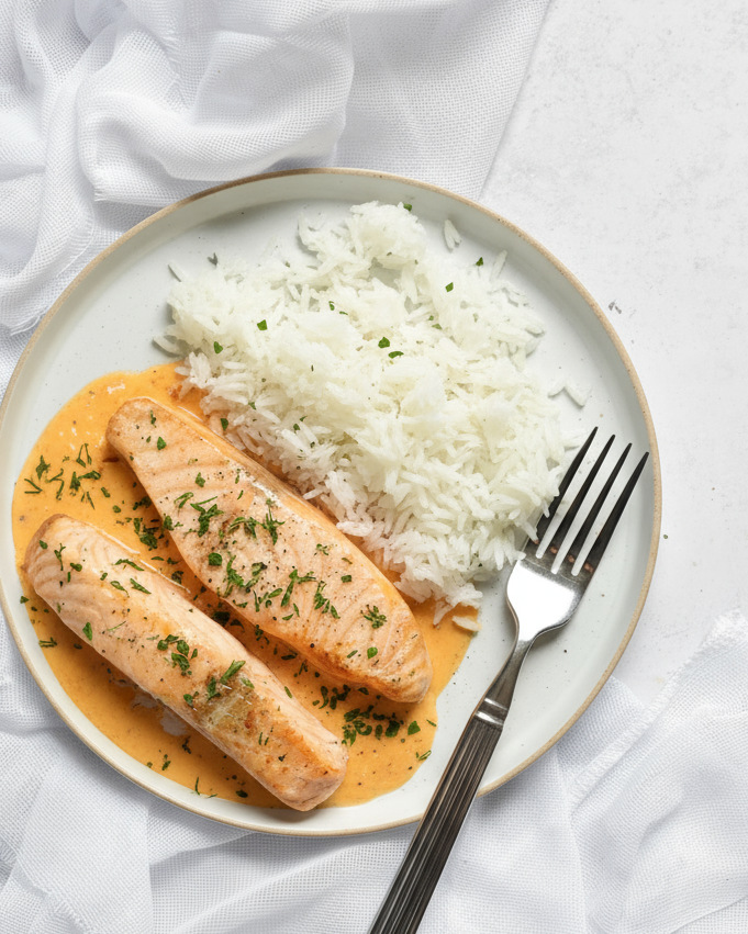 Lachs mit Ajvar Sahne Soße zu Reis, Lachs aus dem Airfryer, Sahne Soße aus dem Thermomix