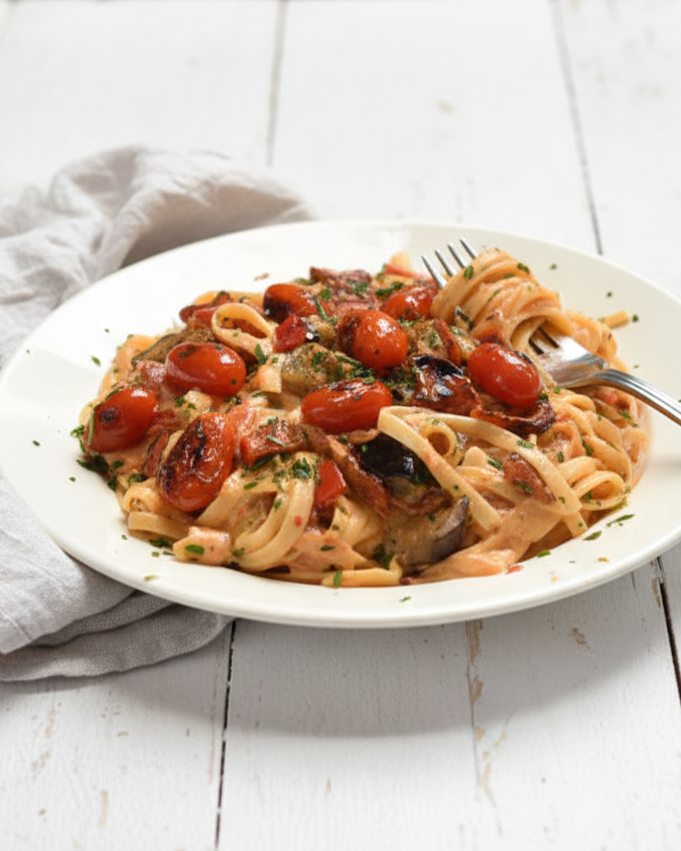 Pasta in Frischkäse-Tomatensoße. Mit gebratenem Gemüse. Thermomix.