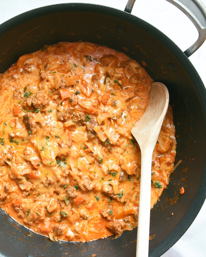 Cheeseburger Kohlpfanne mit Hack oder Veggie Hack mit Weißkohl oder Spitzkohl Thermomix