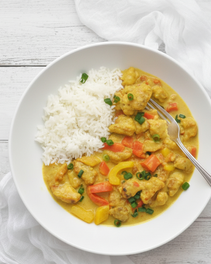 Curry mit Erdnuss und Paprika vegan vegetarisch mit Tofu oder für Fleischesser mit Huhn aus dem Thermomix zu Reis