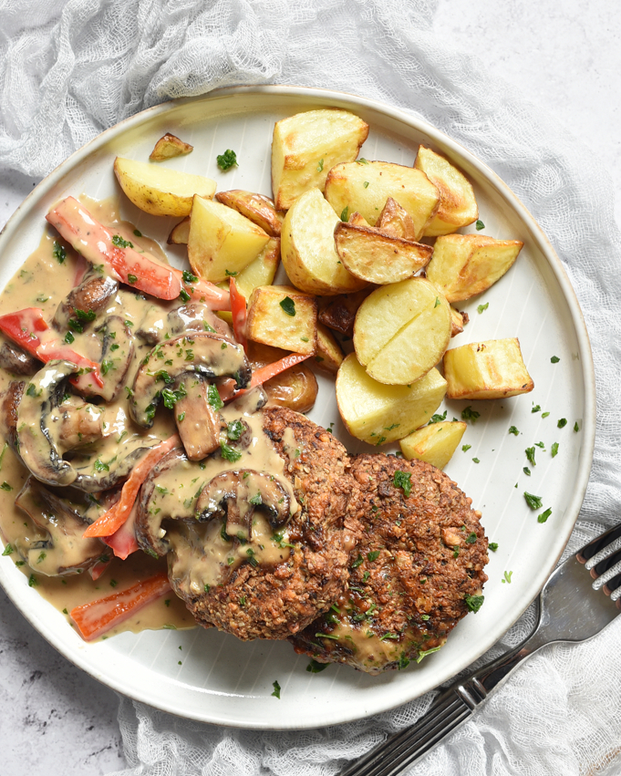 Frikadellen mit Rahm Champignons und Paprika zu Kartoffeln, Thermomix und Airfryer