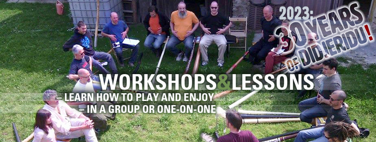Info image of workshop participants gathered in a circle around Ansgar Stein. The text on the image says: Workshop and lessons - learn how to play and enjoy – in a group or one-on-one