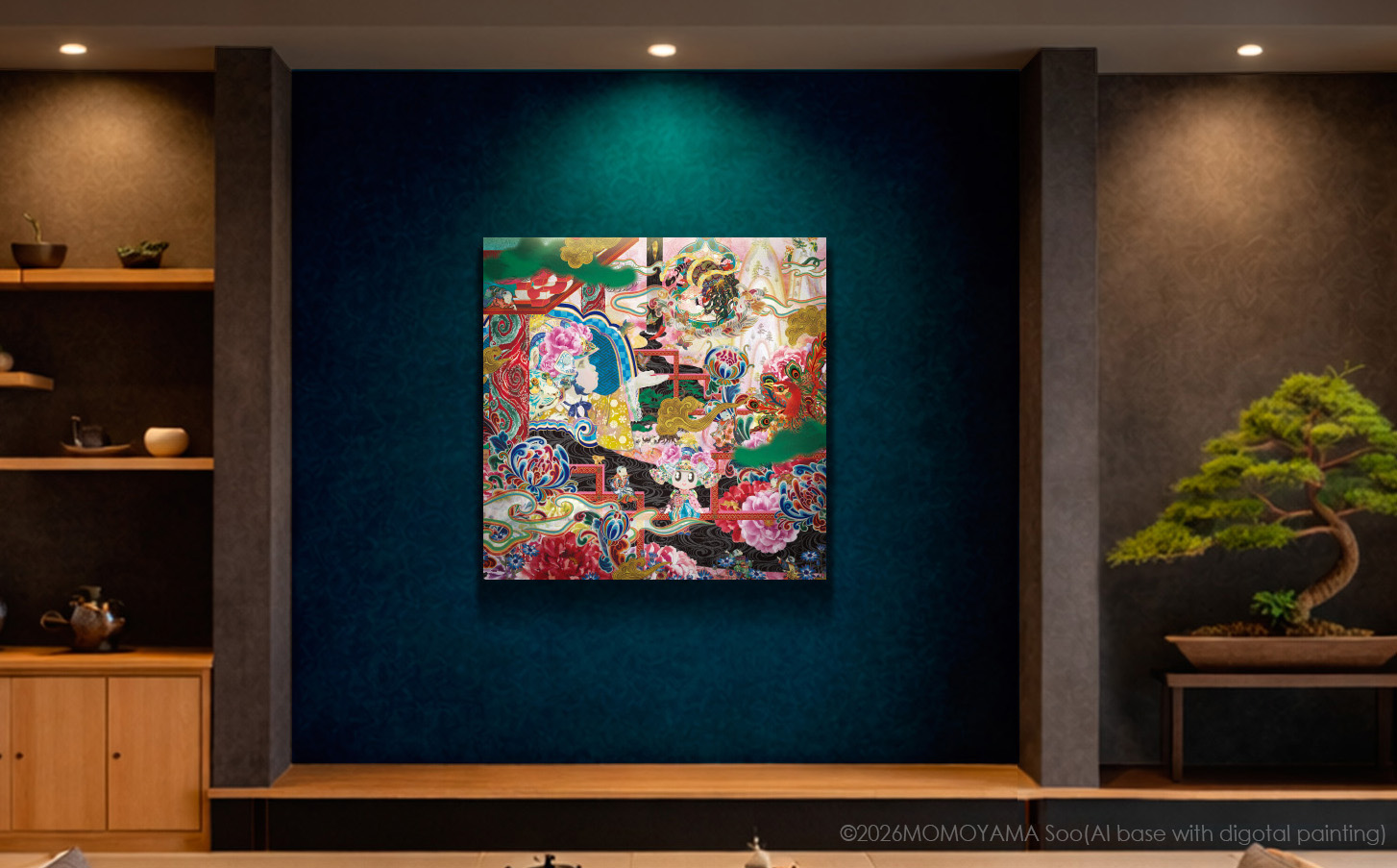 「流れ-2」は、恒久平和を願って、花兜®️と四神に守護された世界を描いた作品です。
