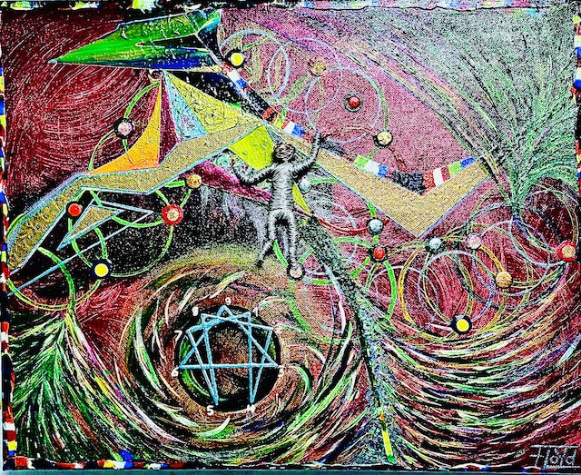 Farbenintensives Kunstwerk mit dem Enneagramm-Symbol im Zentrum, neun verbundenen Punkten, einem zentralen humanoiden Wesen und dynamischen Energieformen auf einem strukturierten roten Hintergrund – von Künstler FLoYD.