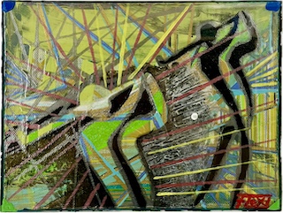 Abstraktes Gemälde mit dynamischer Golfer-Silhouette im Abschwung, kontrastiert durch kräftige Farbflächen, diagonale Linien und Schattenraster. Titel: „SCHATTENGOLF“ von Floydart, Unikat 08/2024.