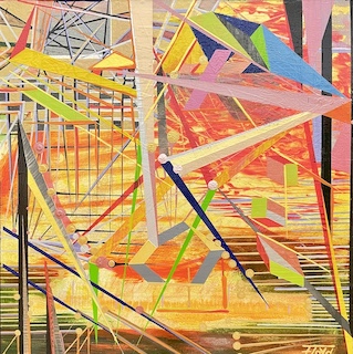 Abstraktes Gemälde „Zeitdilatation“: Farbintensive, geometrische Komposition inspiriert von der Relativitätstheorie, zeigt Zeitdehnung durch überlagernde Linien, Perspektiven und dynamische Strukturen. Moderne Kunst über Raum, Zeit und Bewegung.