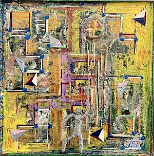 Kunstinstallation „SILEX“ von Andreas Alka alias FLoyd: Drahtfigur auf aufwendig lackierter Holzplatte hält einen aufsteigenden Ballon – Symbol für einen wertvollen Gedanken. Mixed Media, 41 x 41 cm, 2019.