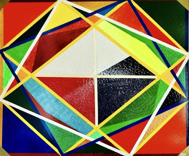 Abstraktes Gemälde „ESKAPISTISCH“ von Andreas Alka alias „FLoYd“, Acryl auf Leinwand, 120 × 100 cm, entstanden über 18 Monate, mit strukturierter Lackoberfläche und fluoreszierender Mittellinie – geometrische Farbfelder in kräftigen Kontrasten.