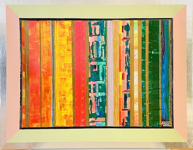 Abstraktes Gemälde „Graduell“ von Andreas Alka alias FLoYd, 90 × 70 cm. Vertikale Farbverläufe in Rot, Orange, Grün, kombiniert mit strukturiertem Holzrahmen als Teil des Gesamtkunstwerks. Ausdruck eines fließenden Übergangs und künstlerischer Entwicklung