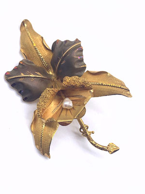 Exquisite 18k and genuine baroque pearl orchid flower brooch - 1940 antique Italian high quality collectibles brooch -Art.750/3-