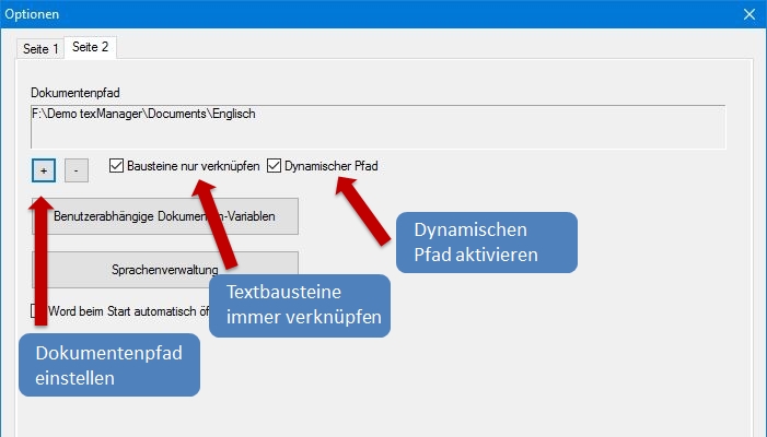 Dynamischer Pfad und verknüpfte Textbausteine