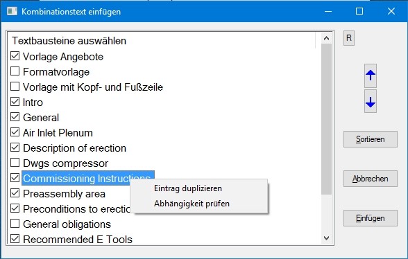 Textbausteinliste des Kombinationstextes