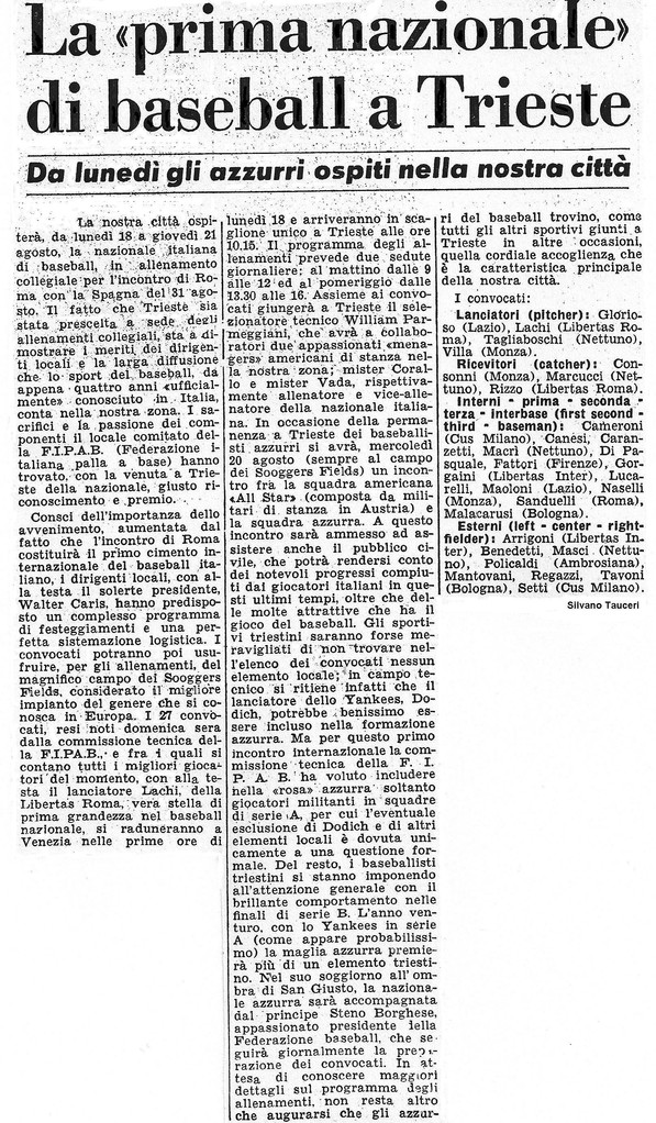 ARTICOLO DEL 12 - 08 - 1952 a cura di Silvano Tauceri.