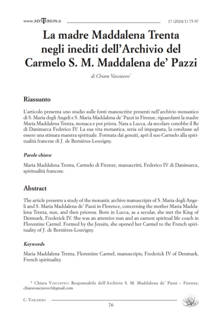 La madre Maddalena Trenta negli inediti dell'Archivio S.  M. Maddalena de' Pazzi, Mysterion 1/17 (2024) 76-97