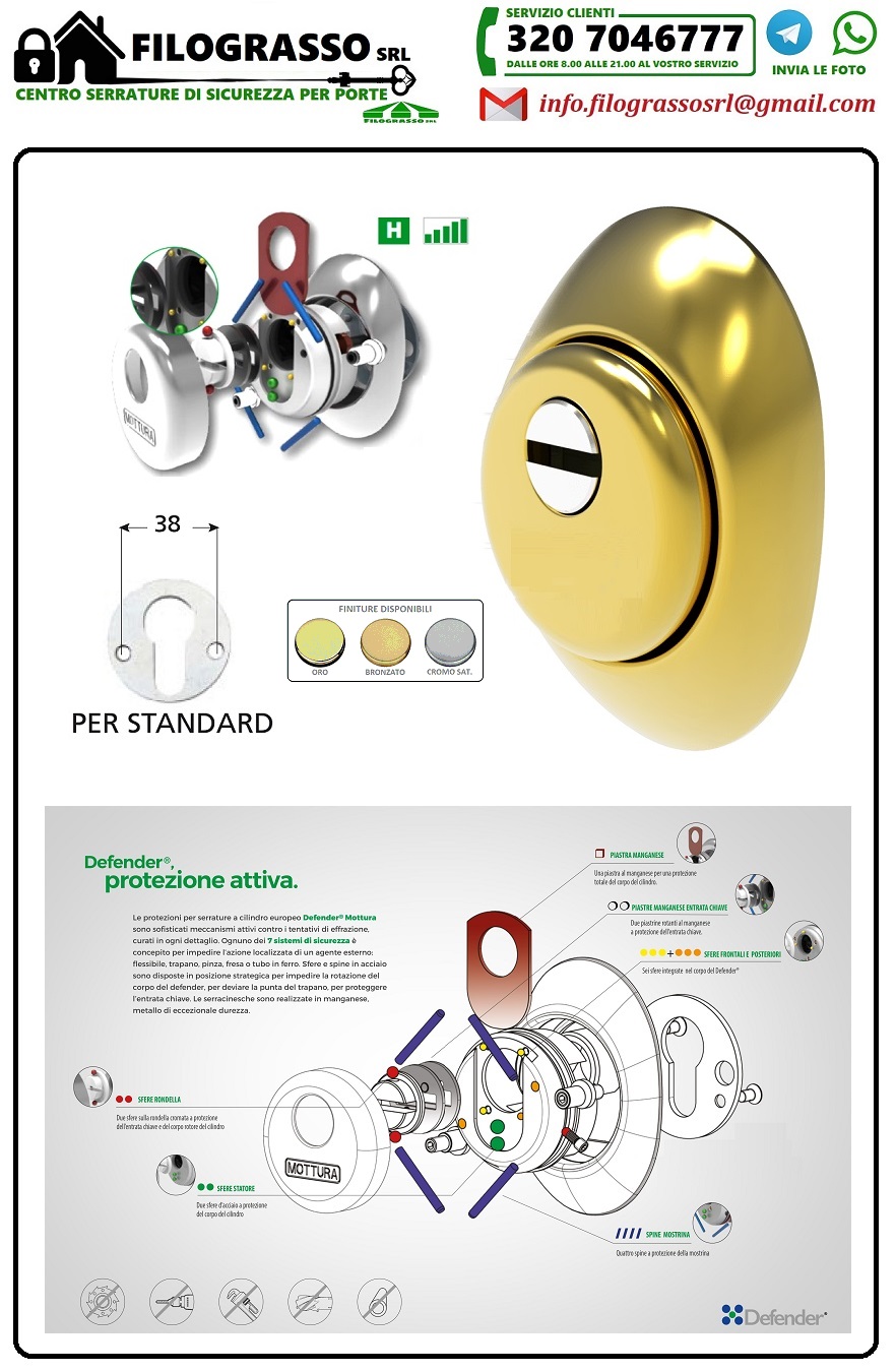 DEFENDER MOTTURA DF111H PLACCA SUPERTOP ANTITRAPANO ANTISCASSO VARI ...