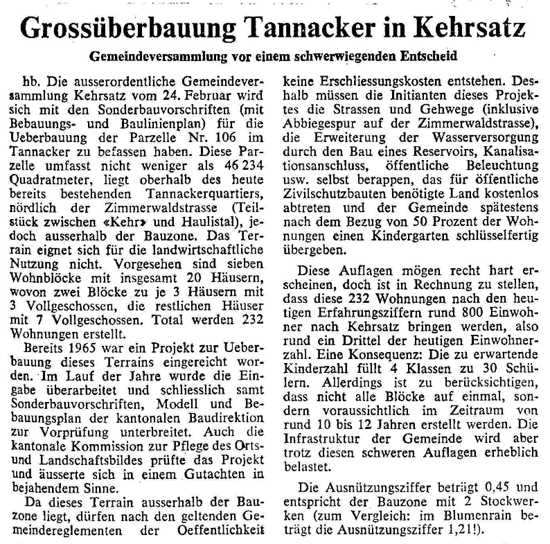 1969.02.16 - Der Bund - Grossüberbauung Tannacker