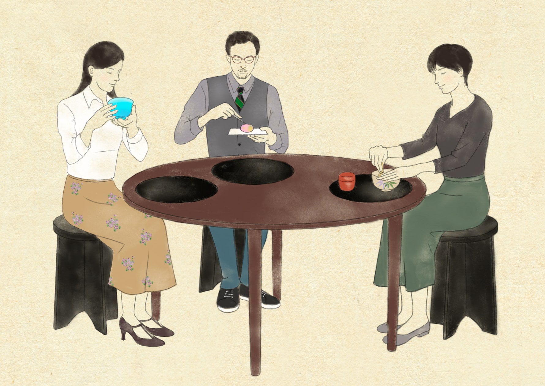 The Illustration for PR of the Modern Tea Ceremony school in Tokyo. テーブル茶道教室のイメージイラスト