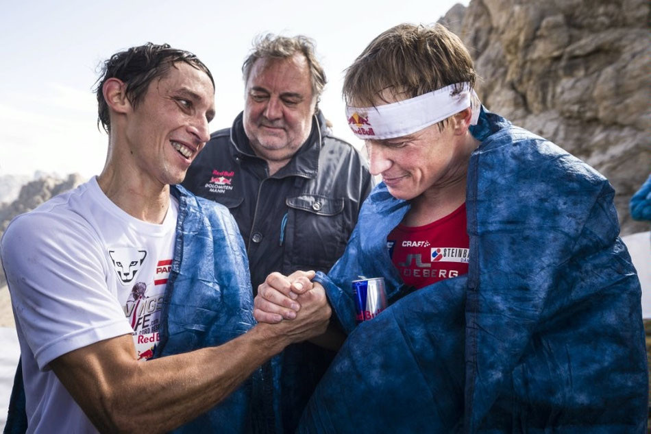 Wings for Life Botschafter Michael Kurz und Andreas Goldberger mit Werner Grissmann @redbulldolomitenmann ©RedBull