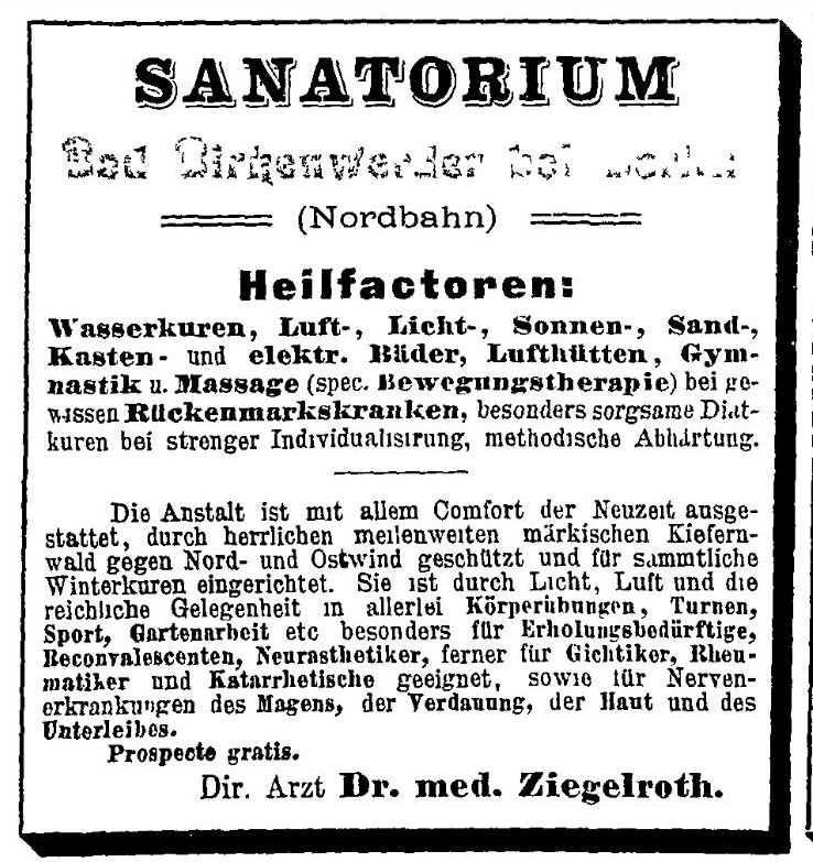 Anzeige: Sanatorium von Dr. Ziegelroth