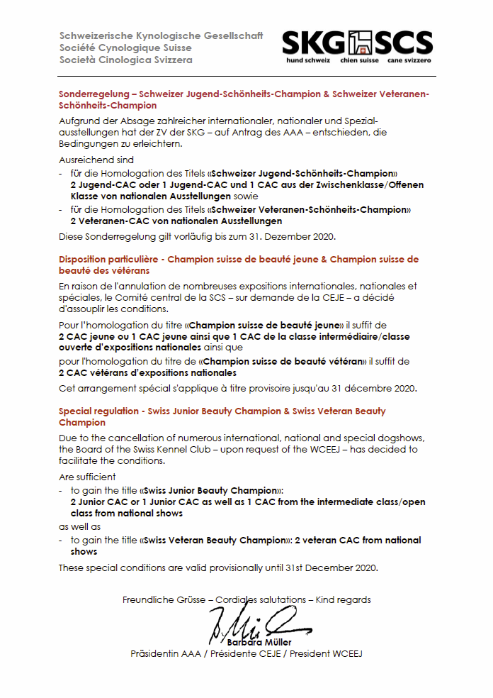 Sonderregelung – Schweizer Jugend-Schönheits-Champion & Schweizer Veteranen-Schönheits-Champion 