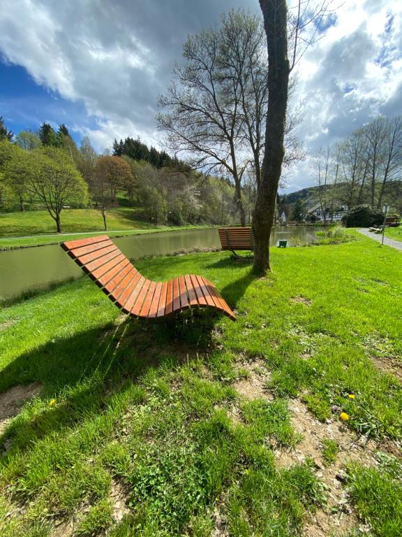 Holzliege am Ufer des Hillebachsees in Winterberg-Niedersfeld. Umgeben von saftigem Grün, Bäumen und sanften Hügeln lädt sie zum Verweilen und Genießen der Natur ein – perfekt für eine entspannte Auszeit im Sauerland.