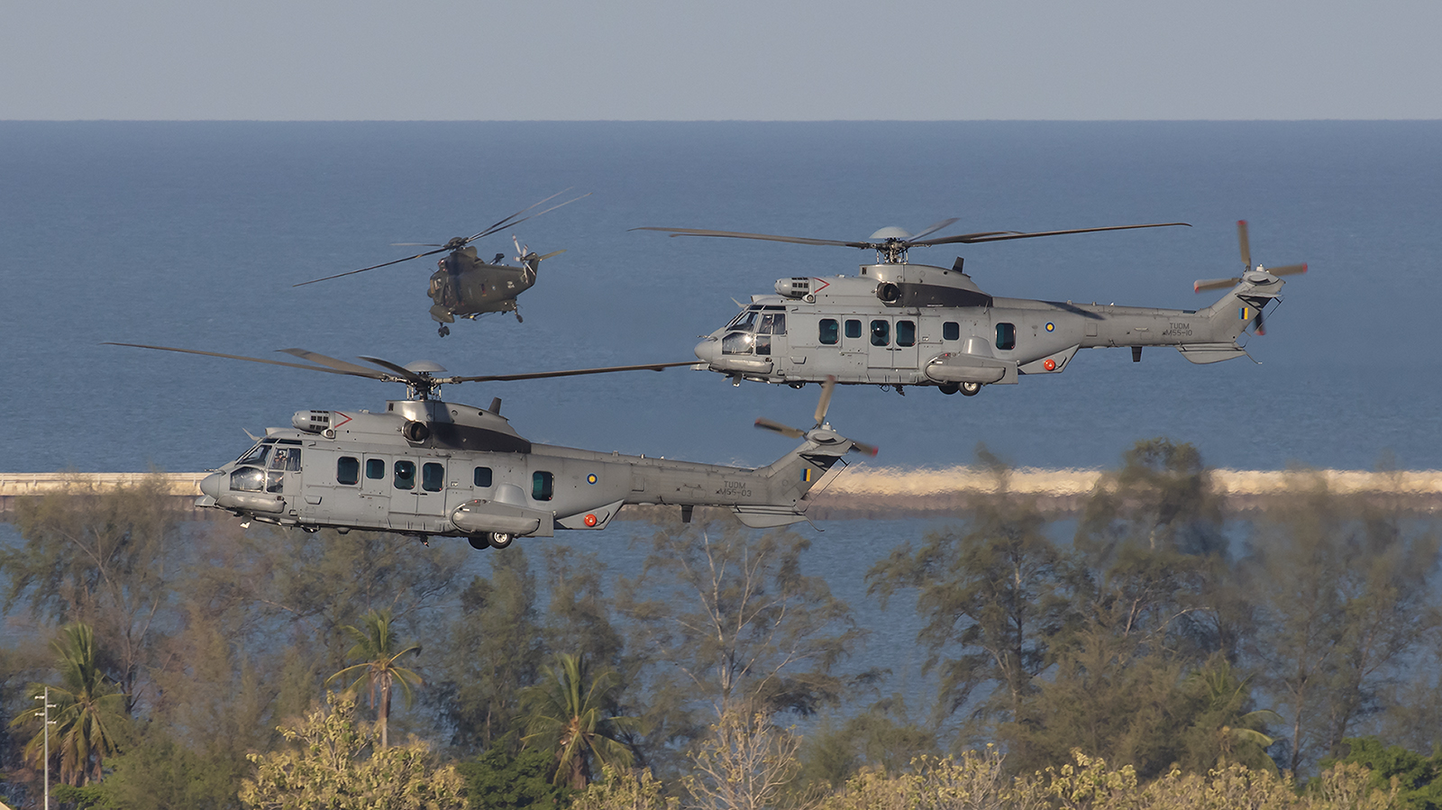 Zwei H225 Caracal über dem Platz.