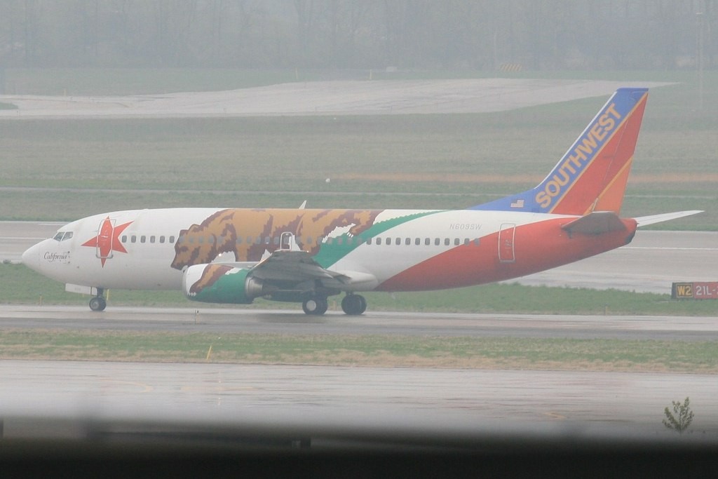 Der Californien Logojet der Southwest im strömenden Regen von Baltimore.