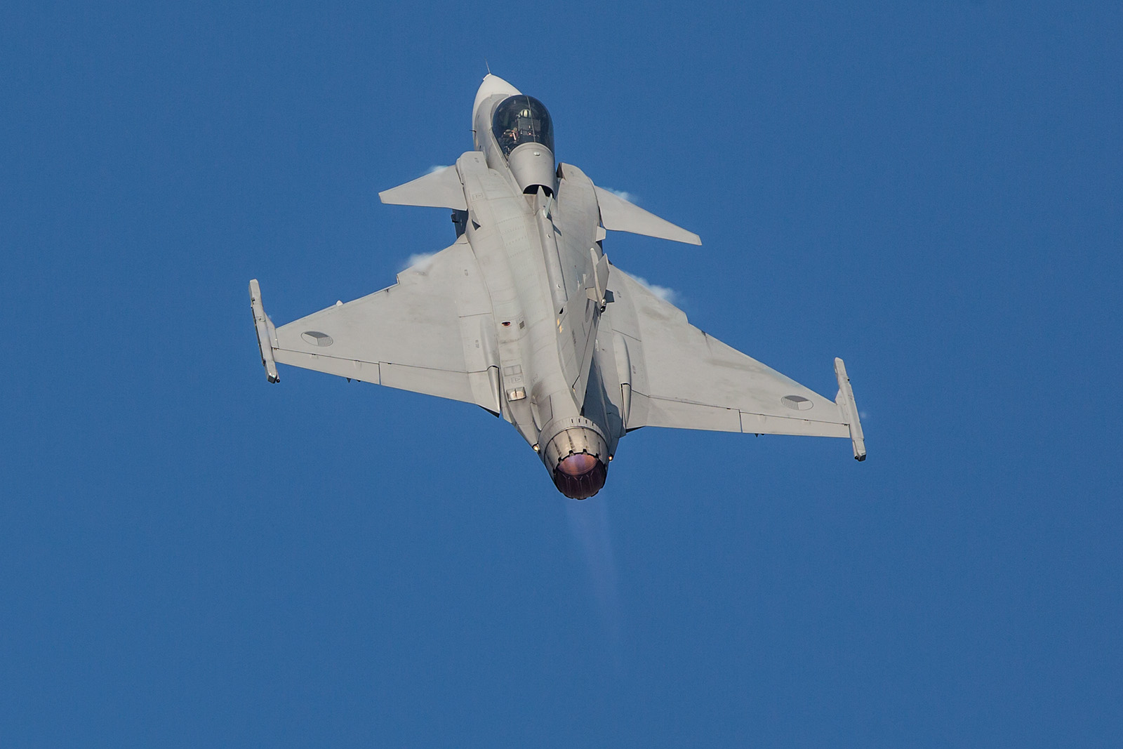 Die Gripen fliegt ein sehr bemerkenswertes Display. Trotz nur einem Triebwerk ist der kleine Jet sehr wendig und schnell.