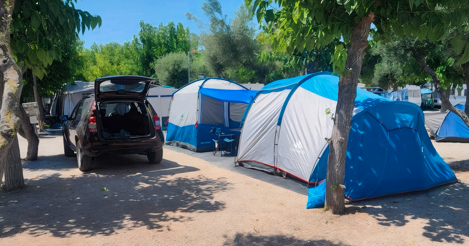 Campsite pitch with a large tent.