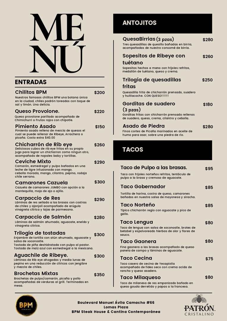 bpm, bpm prime and grill, menu