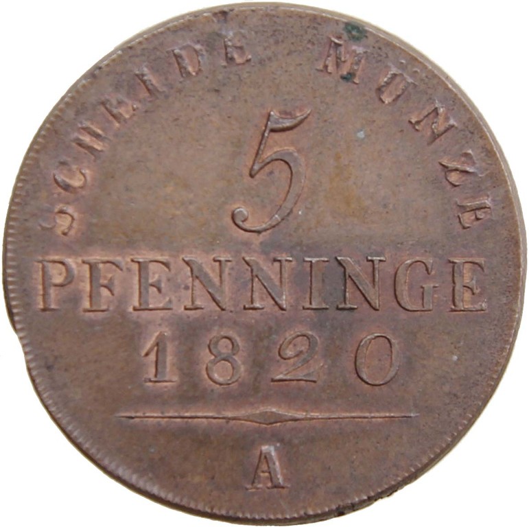 5 Pfenninge Scheidemünze, Kupfer, Preussen 1820, selten, Ergebnis 6700 €