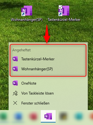 OneNote: Seiten und Abschnitte an das OneNote-Symbol in der Taskleise anheften