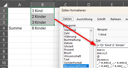 Es wird gezeigt, wie das benutzerdefinierte Zahlenformat definiert wird.