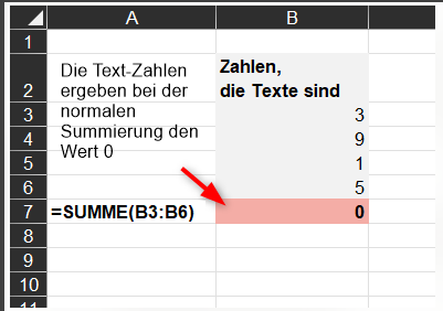 Excel: Zahlen addieren, die als Texte formatiert sind