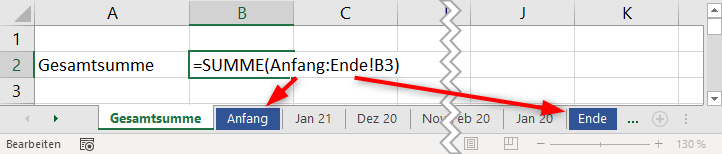 Excel: Die Summe über eine dynamische Anzahl von Tabellenblättern bilden