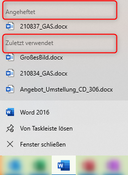 Office: Die Sprungliste einer Anwendung in der Taskleiste funktioniert nicht mehr
