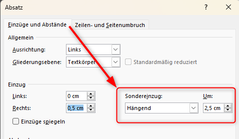 Der Dialog zum Einstellen eines hängenden Einzugs wird gezeigt.