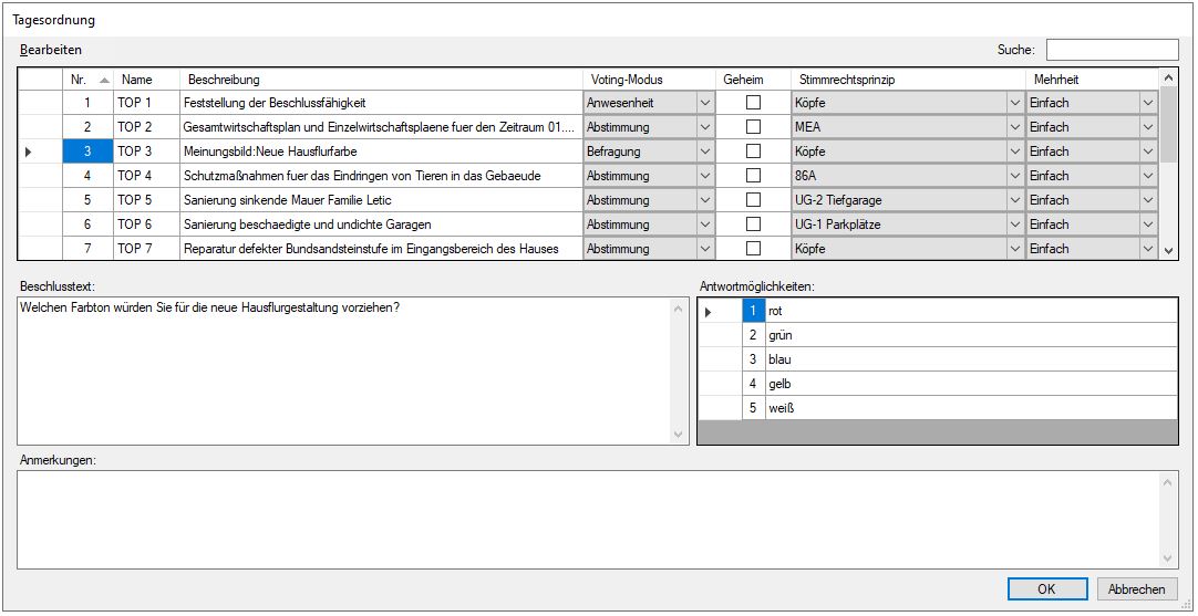 Die Tagesordnung die nach Import mittels einer CSV oder TXT Datei für die Zuordnung von Stimmrechtsprinzip und Mehrheitserfordernis genutzt wird. Hier können während der Veranstaltung auch die Beschlusstexte und Anmerkungen gepflegt werden.