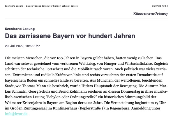 Sogar die Süddeutsche Zeitung hatte im Vorfeld von unserer Szenischen Lesung berichtet...