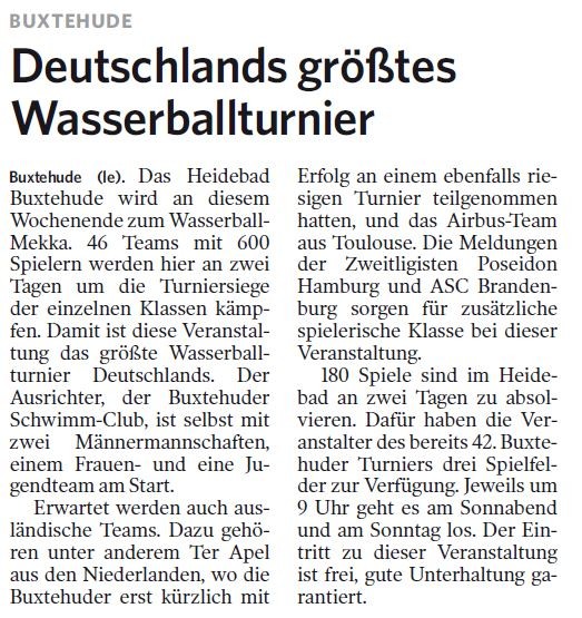 Deutschlands größtes Wasserballturnier. Harburger Anzeiger und Nachrichten vom 05.09.2013