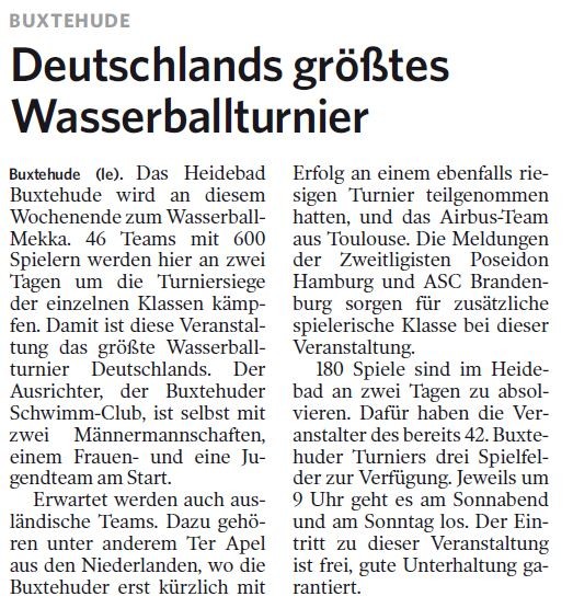 Deutschlands größtes Wasserballturnier. Harburger Anzeiger und Nachrichten vom 05.09.2013