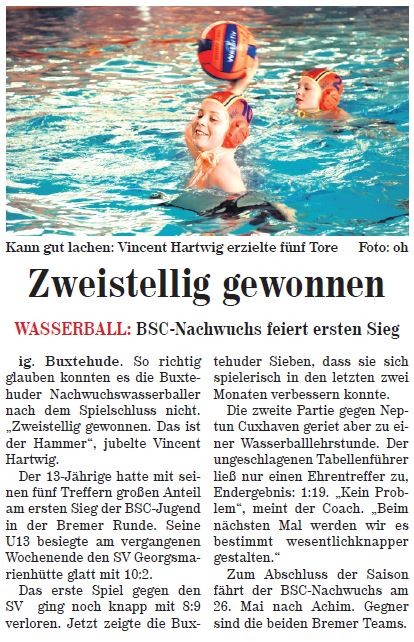 Wasserball: BSC-Nachwuchs feiert ersten Sieg, Neue Buxtehuder Wochenblatt vom 20.04.2013