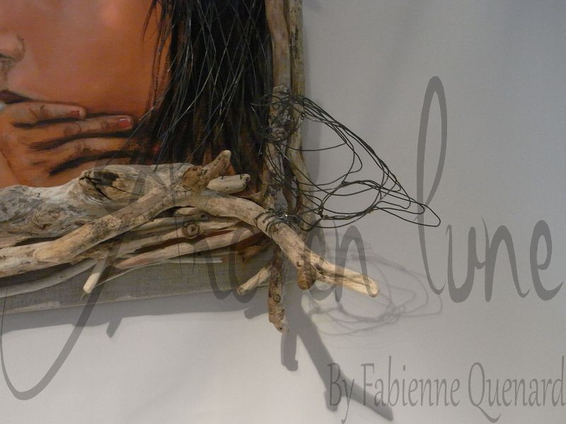 Tableau huile sur toile lin "Le songe d'Isa Belle" avec oiseau en fil de fer 3D sur branche bois flotté de Arc en Lune H.50xL.60xP.17cm