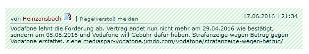 Vodafone lehnt Forderung ab - jetzt gegen Vodafone Strafanzeige wegen Betrug
