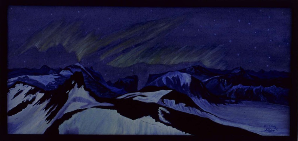 Bild:Flyg,Flug,Fjäll,Berge,Sarek,Nationalpark,Schweden,Lapland,Svarta Spetsen,Doppelbild,Frau,Nordlicht,d-t-b.ch,d-t-b,David Brandenberger,Biber,dave the beaver,Ölbild,Malerei,Ölfarbe,