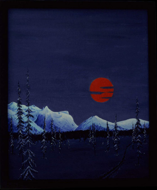 Bild:Orange Moon,Ölbild,Mond,orange,Berge,Wald,Doppelbild,Frau,Akt,Schnee,Nacht,Norden,Lappland,David Brandenberger,Biber,d-t-b.ch,