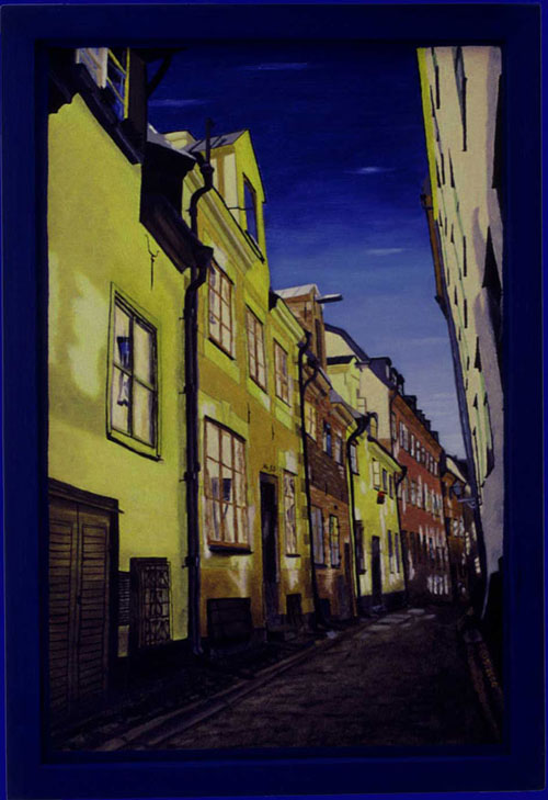 Bild:Prästgatan No.50,Priestergasse,Ölbild,Ölfarbe,Schweden,Stockholm,Gamla Stan,Altstadt,Häuser,Tag,Strasse,Gasse,Blau,gestohlen,vermisst,David Brandenberger,Biber,d-t-b.ch,