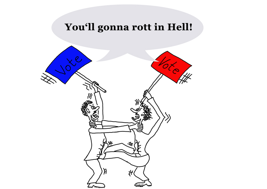 Cartoon of two people fighting with vote signs blaming each other