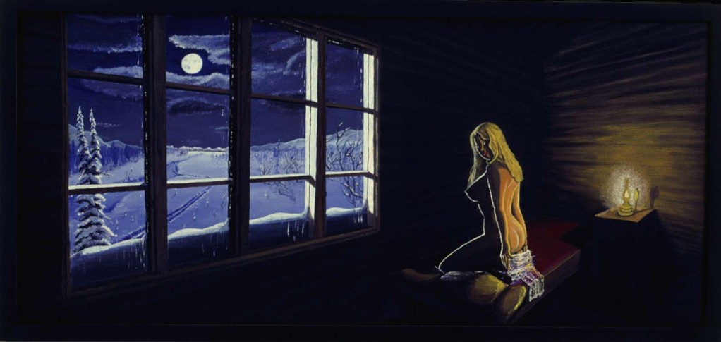 Bild:Twilight,Zwielicht,Mond,Akt,Lampe,Vollmond,Wolken,Hütte,Blockhütte,Silhouette,Fenster,Norden,Schnee,Hundeschlitten,Spur,Landschaft,Jon,van Zyle,Fluss,d-t-b.ch,d-t-b,David Brandenberger,Biber,dave the beaver,Ölbild,Malerei,Ölfarbe,