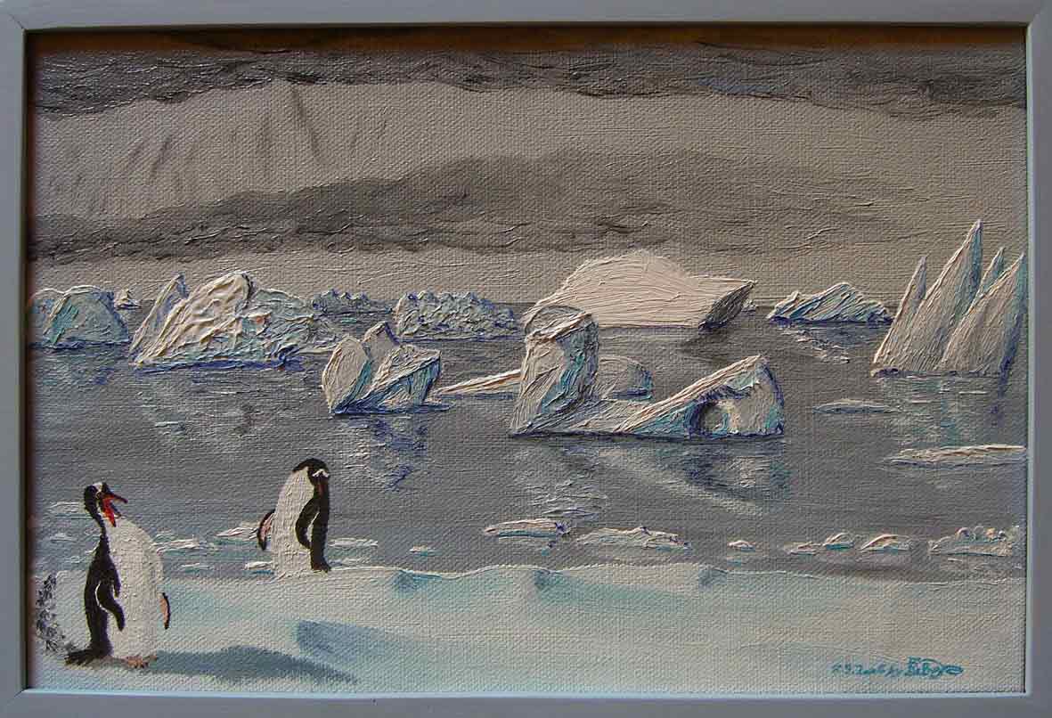 Bild:Gentoo,Penguin,Pinguin,Iceberg,Eisberg,Cuverville,Island,Antarctica,Antarktis,Spiegelung,Wasser,Nebel,d-t-b.ch,d-t-b,David Brandenberger,Biber,dave the beaver,Ölbild,Malerei,Ölfarbe,